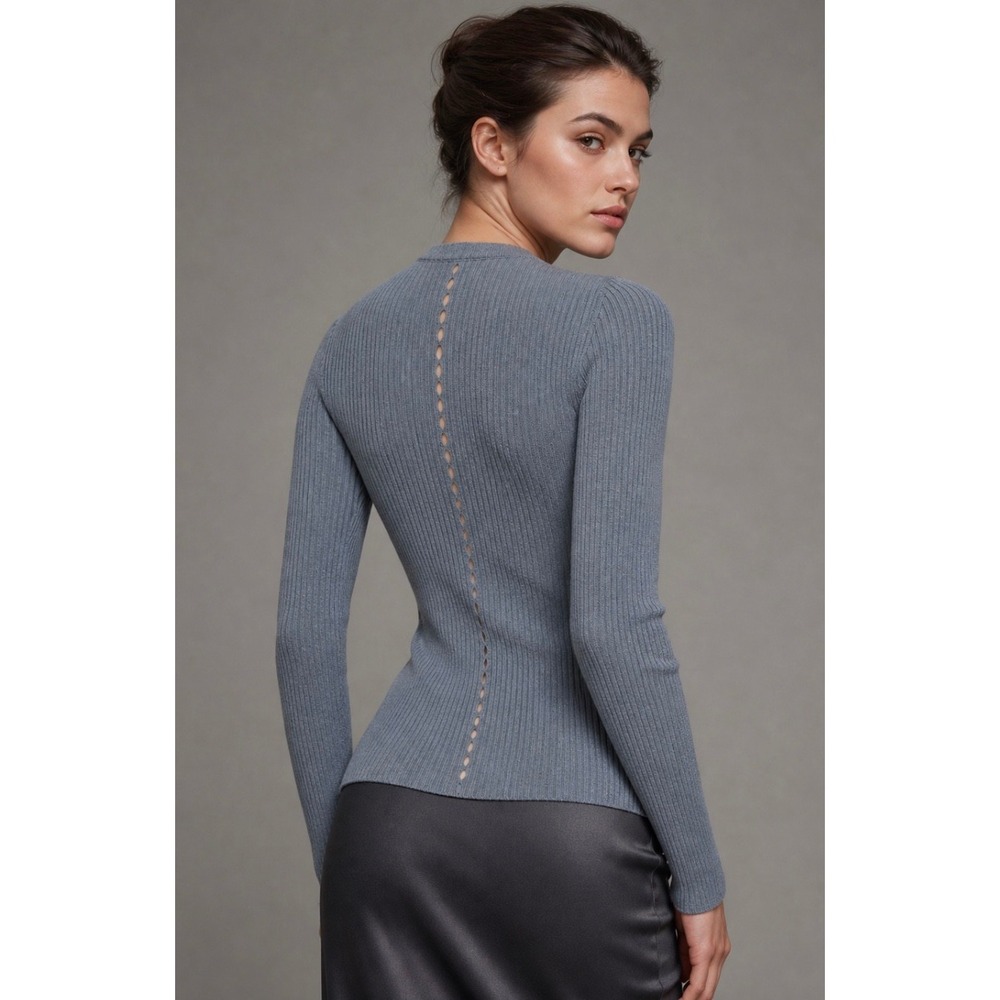 Wolford 100% Cashmere Ribbed Openwork Back Sweater Slate Blue XS